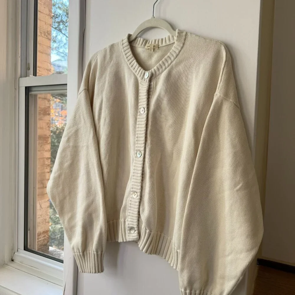 Donni The Cotton Knit Cardigan Sweater Creme Large - Picture 9 of 14